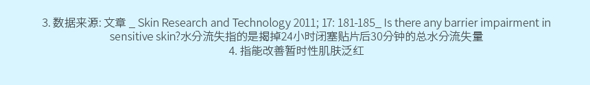 3. 数据来源: 文章 _ Skin Research and Technology 2011; 17: 181-185_ Is there any barrier impairment in sensitive skin?水分流失指的是揭掉24小时闭塞贴片后30分钟的总水分流失量, 4. 指能改善暂时性肌肤泛红