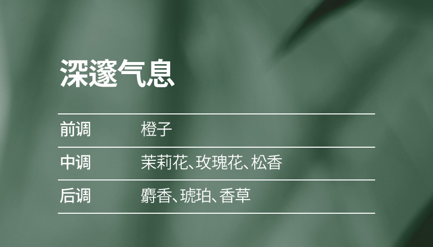 深邃气息 / 前调 : 橙子, 中调 : 茉莉花、玫瑰花、松香, 后调 : 麝香、琥珀、香草